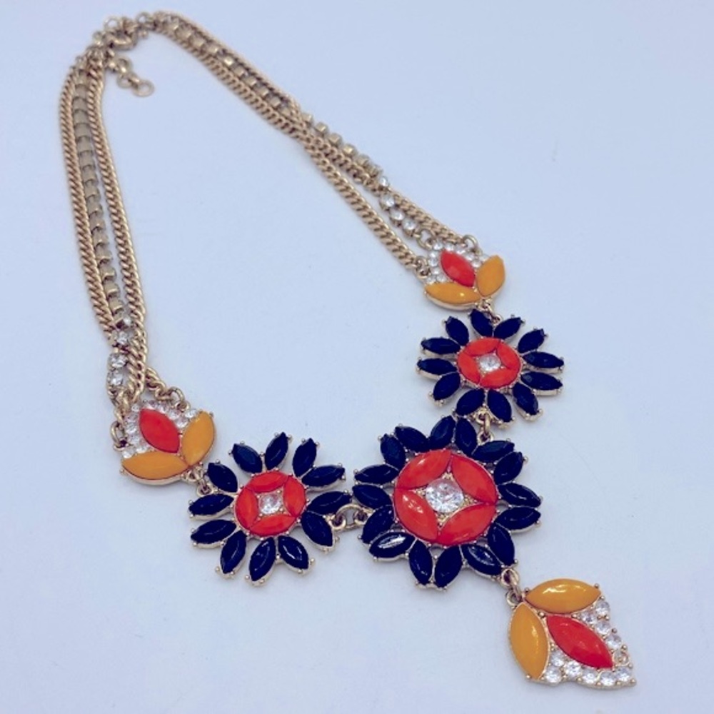 J Crew Gold Tone Multi Strand Necklace With Orange, Black And Yellow Rhinestones - Picture 3 of 10